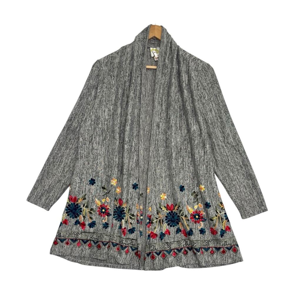 Anthropologie Fig and Flower Cardigan Womens 1X Gray Floral Embroidered Boho Art